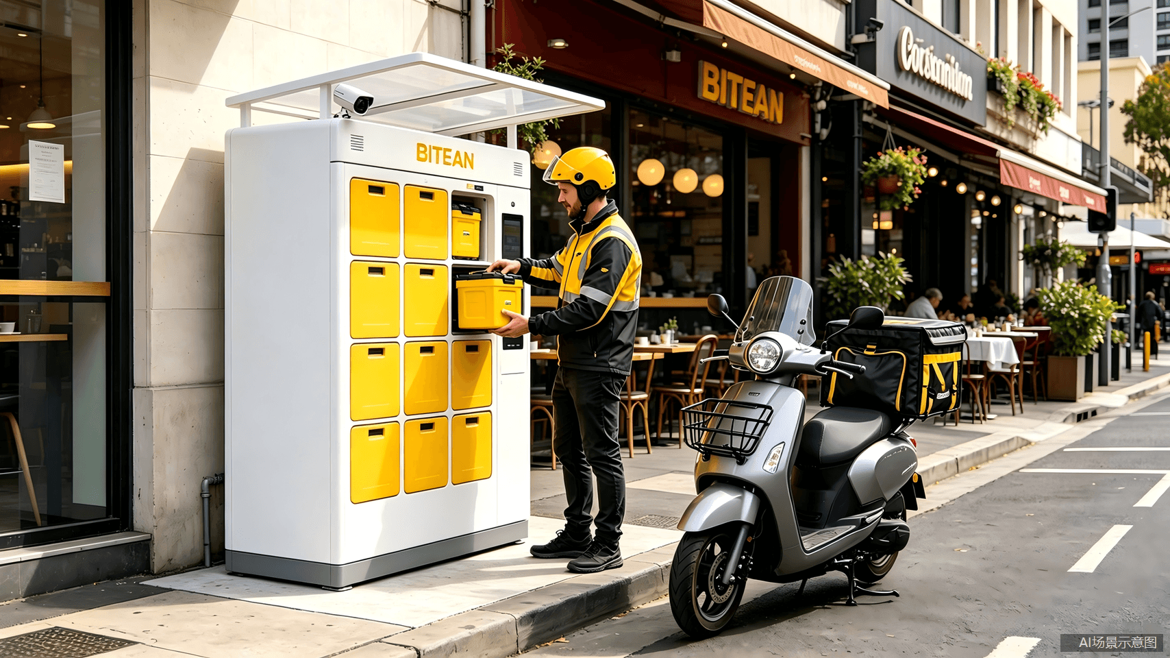 Food delivery rider swapping battery at a BITEAN swap station